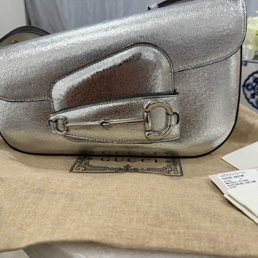 Gucci glass crackle Silver Shoulder Bag Structured with Horsebit hardware NWT
